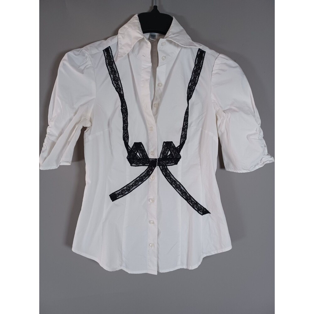 Vintage Bebe Top Women XS Lace Bow Ruched‎ Feminine Blair Waldorf Style